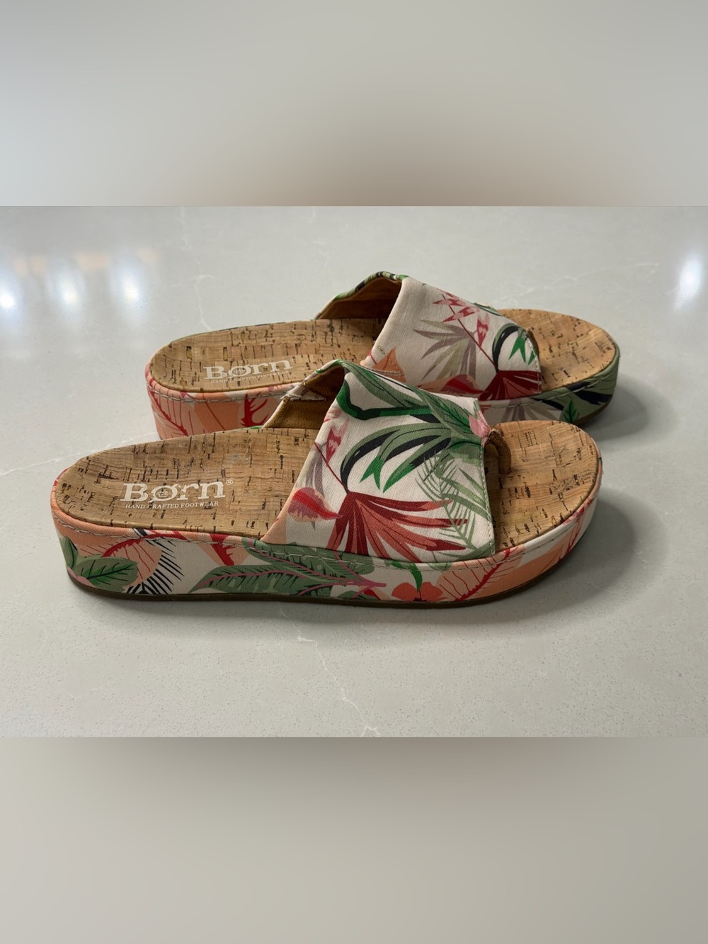 Born Sharr Tropical Floral Cork Wedge Sandals 9M